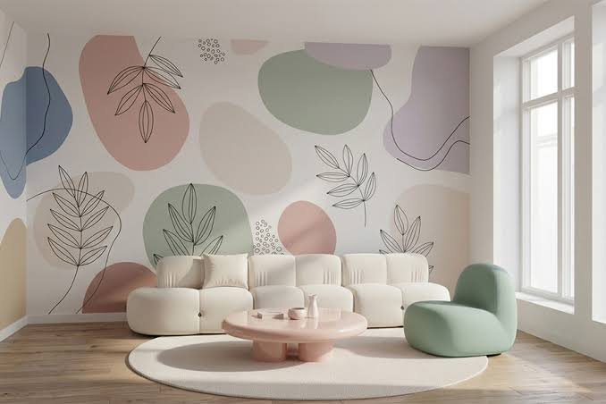Decorative feature wall with artistic wall design in a living room